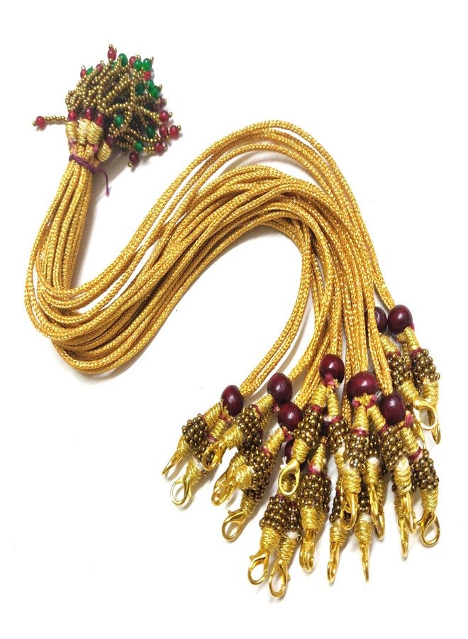 Excellentcrafts Antique Brown Beads Necklace Dori - 13-Inch Red & Green Glass Seed Bead Tassels with Gold Zari Thread, Braided Silk Zari Dori with Hook - Traditional Jewelry Making Cord (6Pcs)